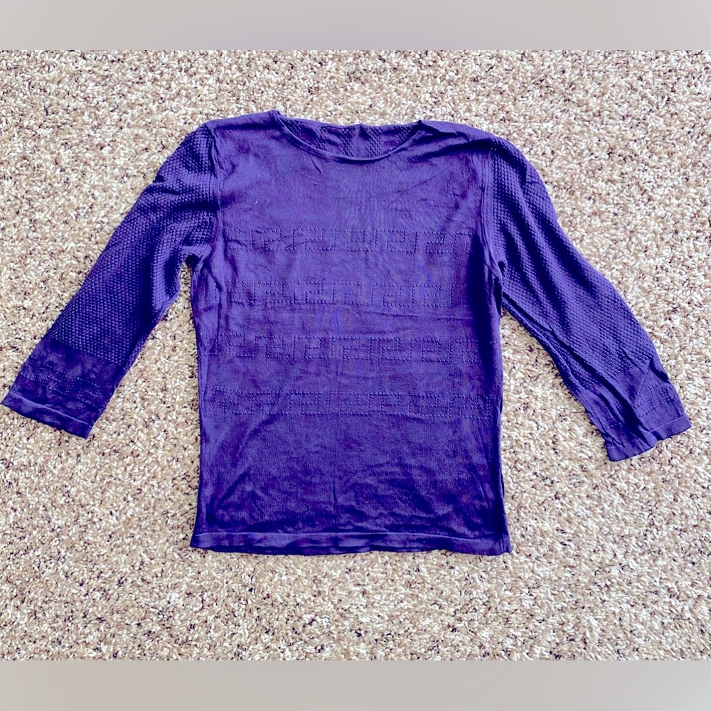 Versace knit shirt purple Versace pattern over front quarter sleeves EU 38
